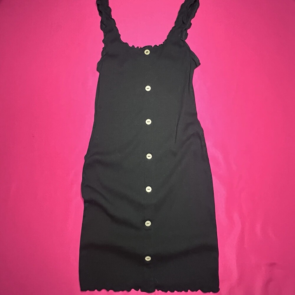 No Boundaries Black Ribbed Button Front Lettuce Trim Bodycon Tank Mini Dress XS
